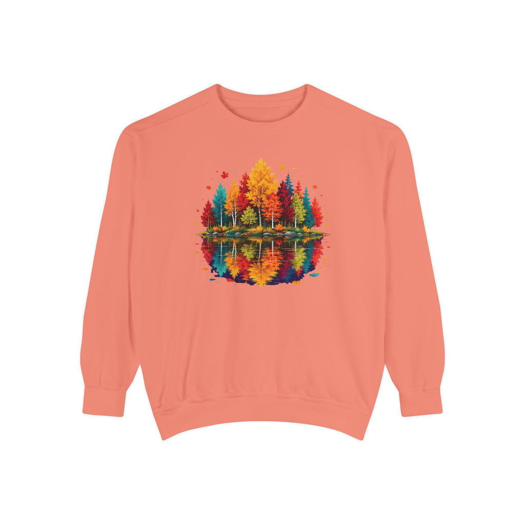 Autumn Lake Reflection Crewneck with Fall Tree Scene