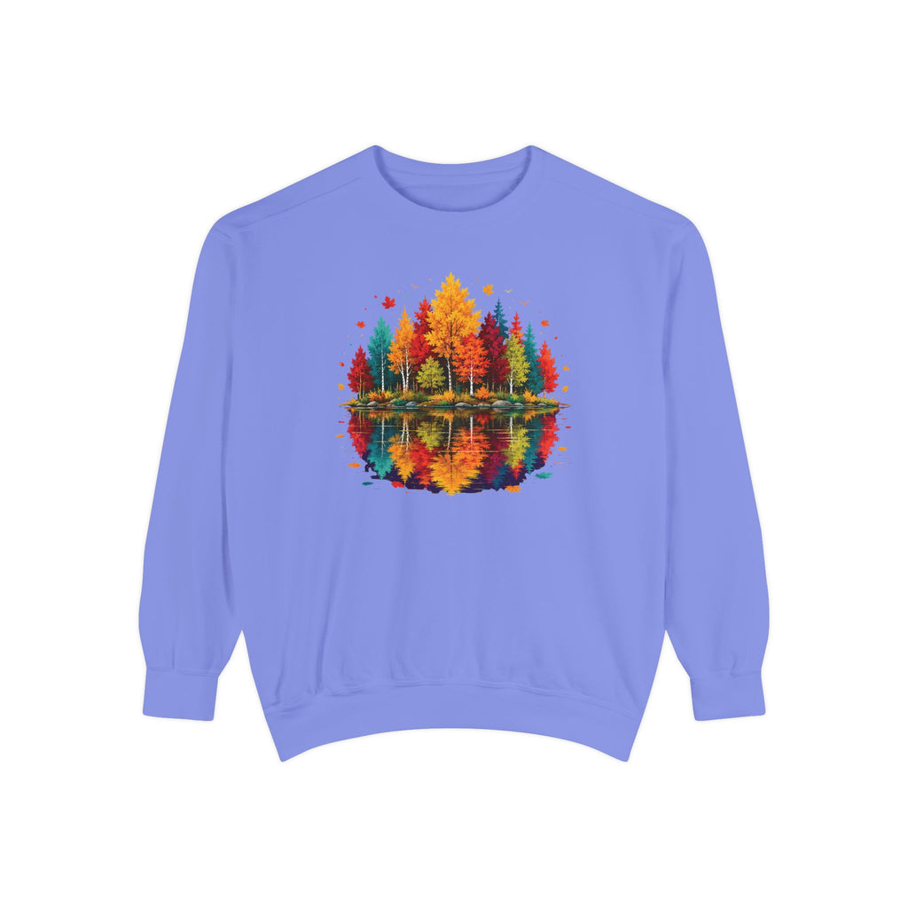 Autumn Lake Reflection Crewneck with Fall Tree Scene