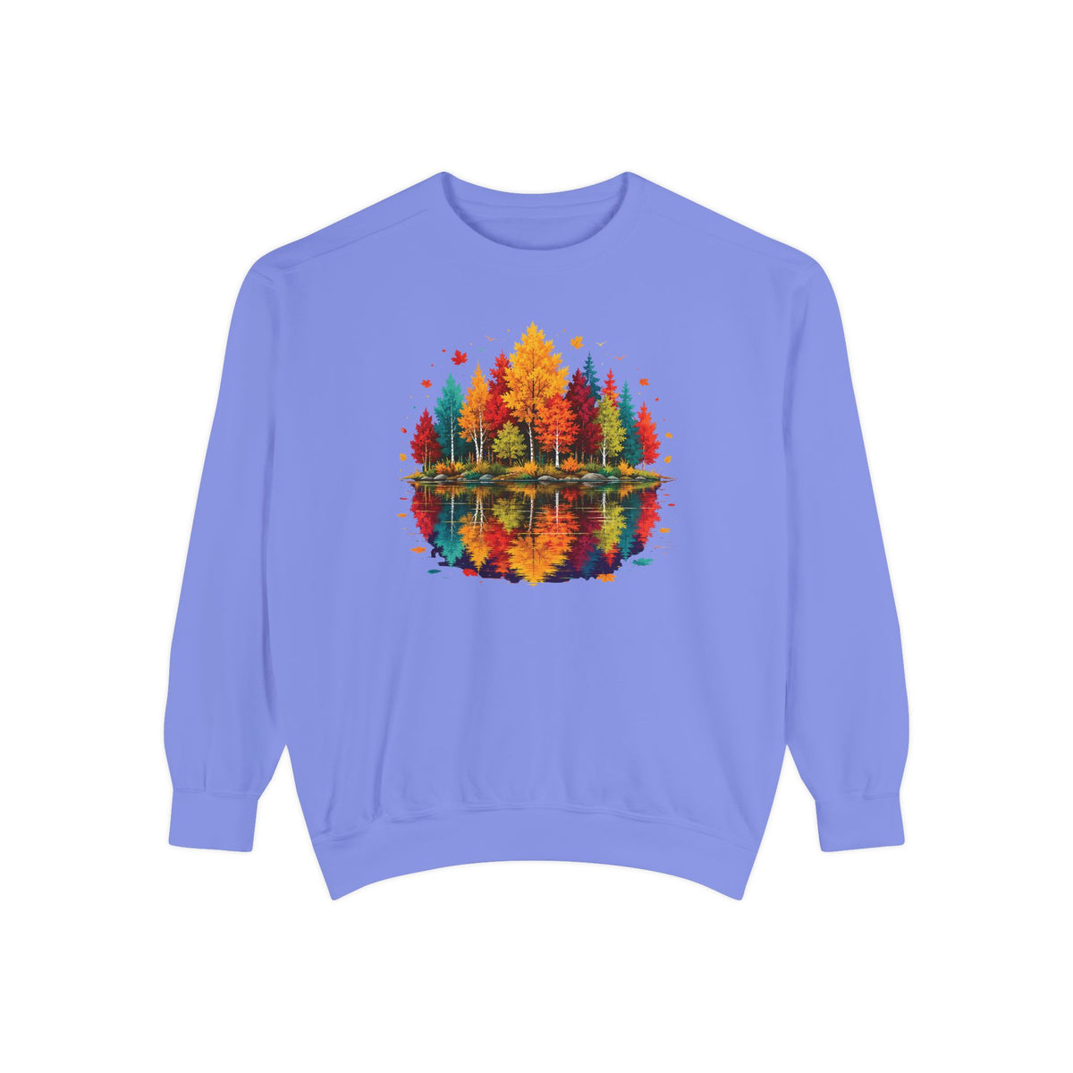 Autumn Lake Reflection Crewneck with Fall Tree Scene