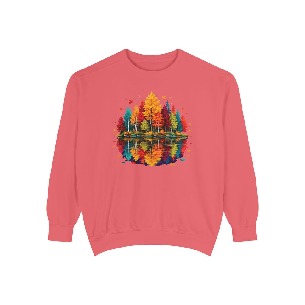 Autumn Lake Reflection Crewneck with Fall Tree Scene