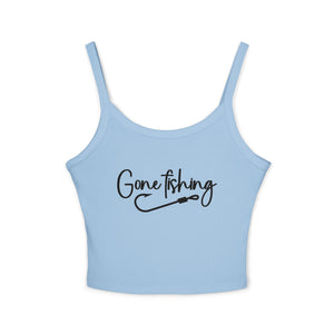 Gone Fishing Tank Top: Women's Spaghetti Strap Crop with Fishing Hook Graphic