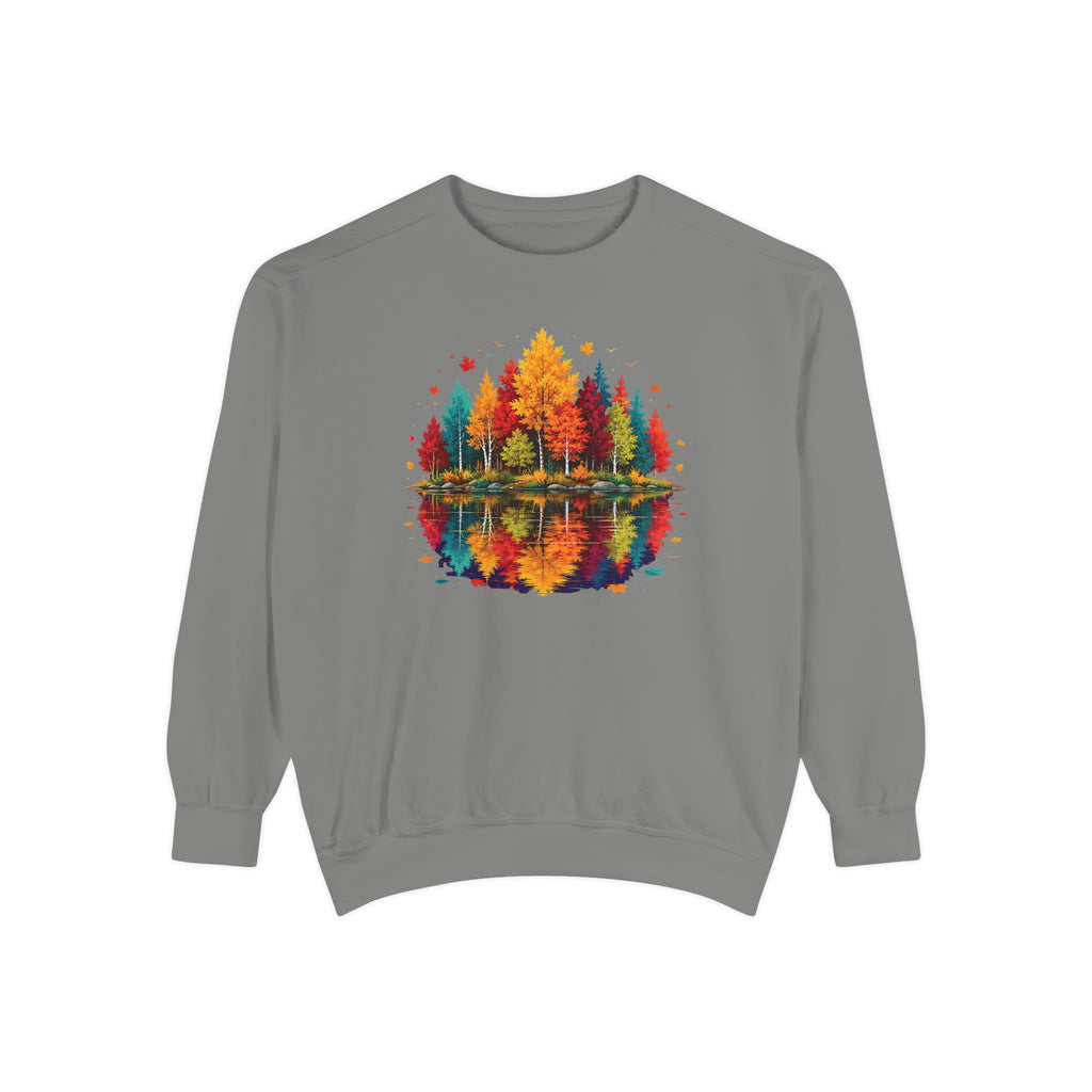 Autumn Lake Reflection Crewneck with Fall Tree Scene