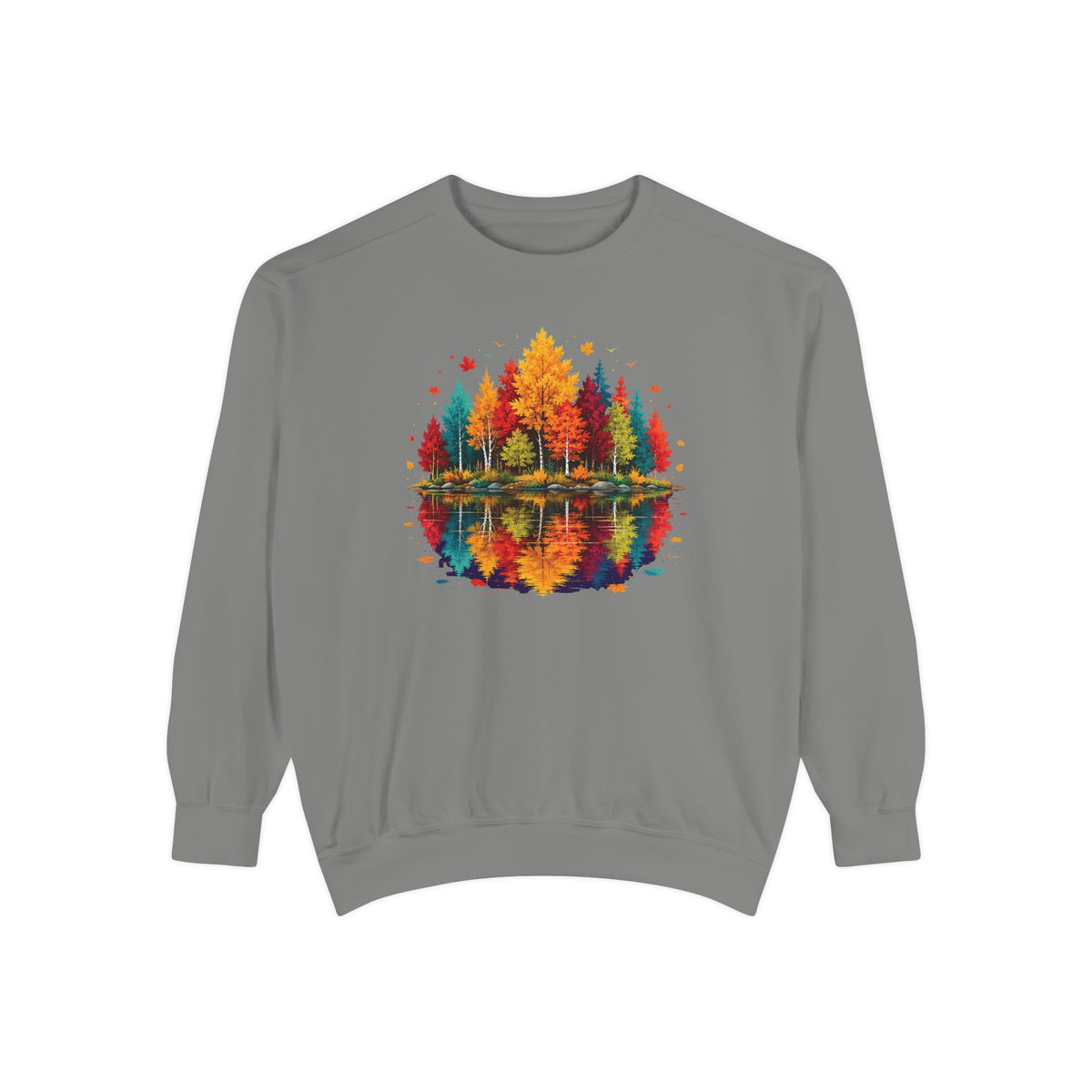 Autumn Lake Reflection Crewneck with Fall Tree Scene