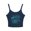 Lake Bum Tank Top – Women's Crop Spaghetti Strap, Palm & Cabin - Solid Navy Blend