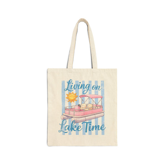 Tote — "Living on Lake Time" Pontoon Boat Canvas Tote