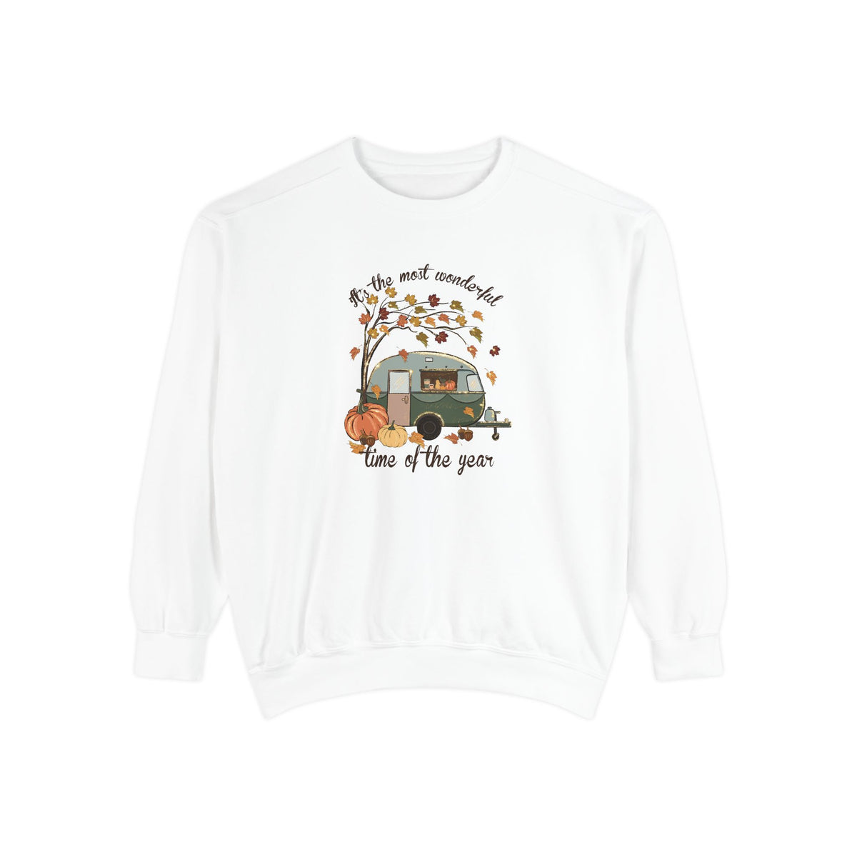Fall Camper Crewneck with Autumn Cabin Illustration