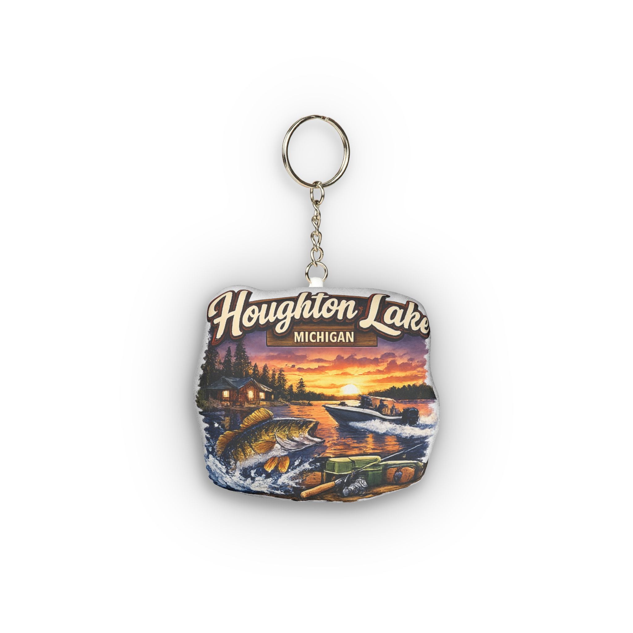 Houghton Lake Michigan Sunset Fishing Mini Plush Keychain