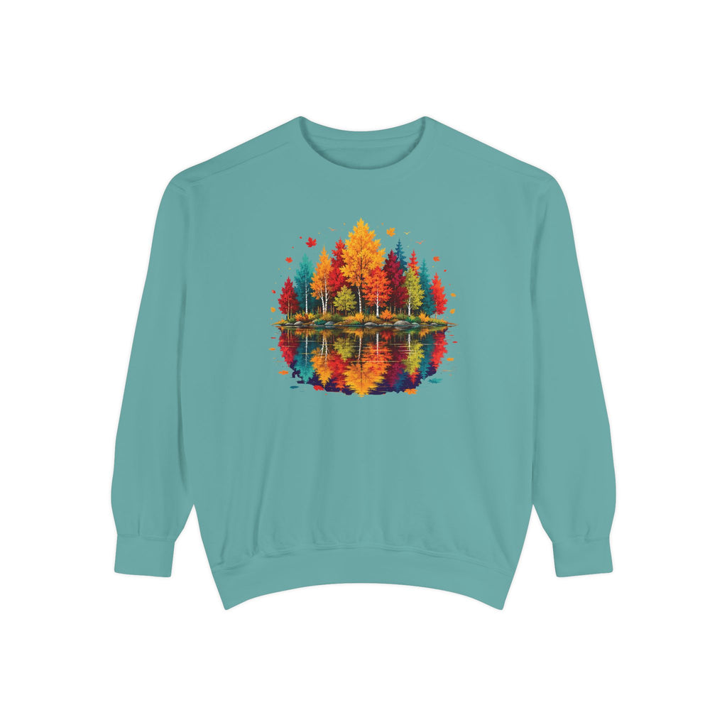 Autumn Lake Reflection Crewneck with Fall Tree Scene