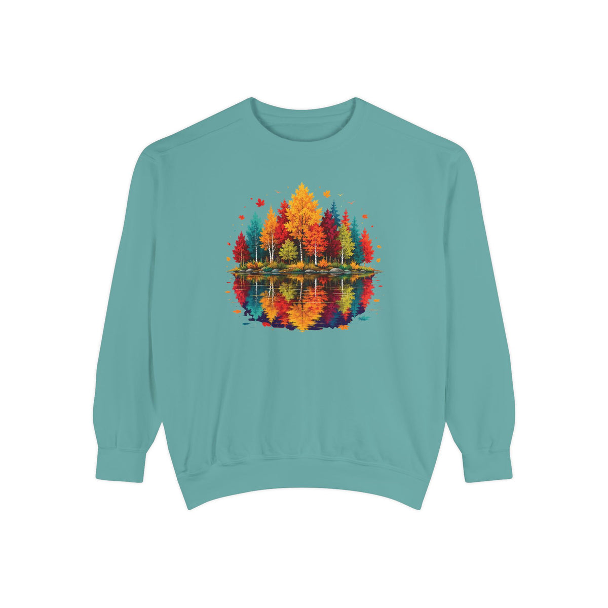 Autumn Lake Reflection Crewneck with Fall Tree Scene