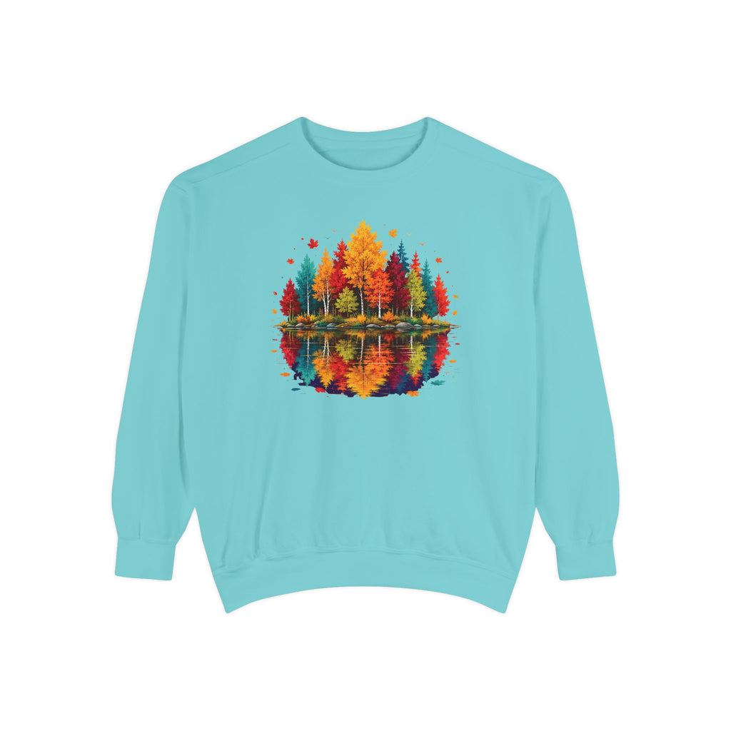 Autumn Lake Reflection Crewneck with Fall Tree Scene
