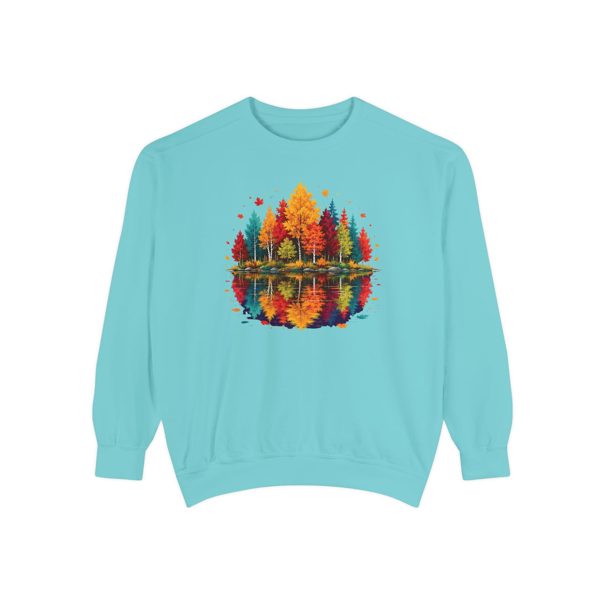 Autumn Lake Reflection Crewneck with Fall Tree Scene