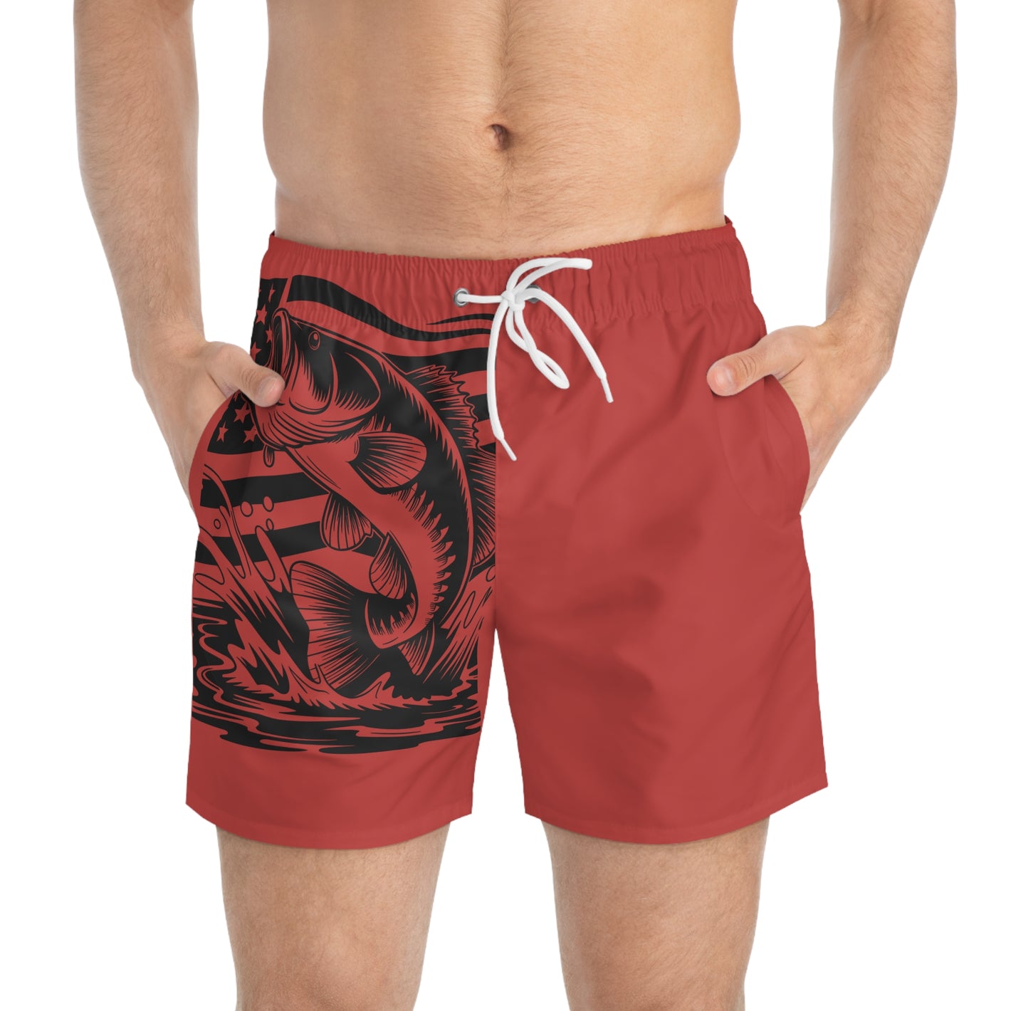 Patriotic Bass Swim Trunks — American Flag Fishing Boardshorts