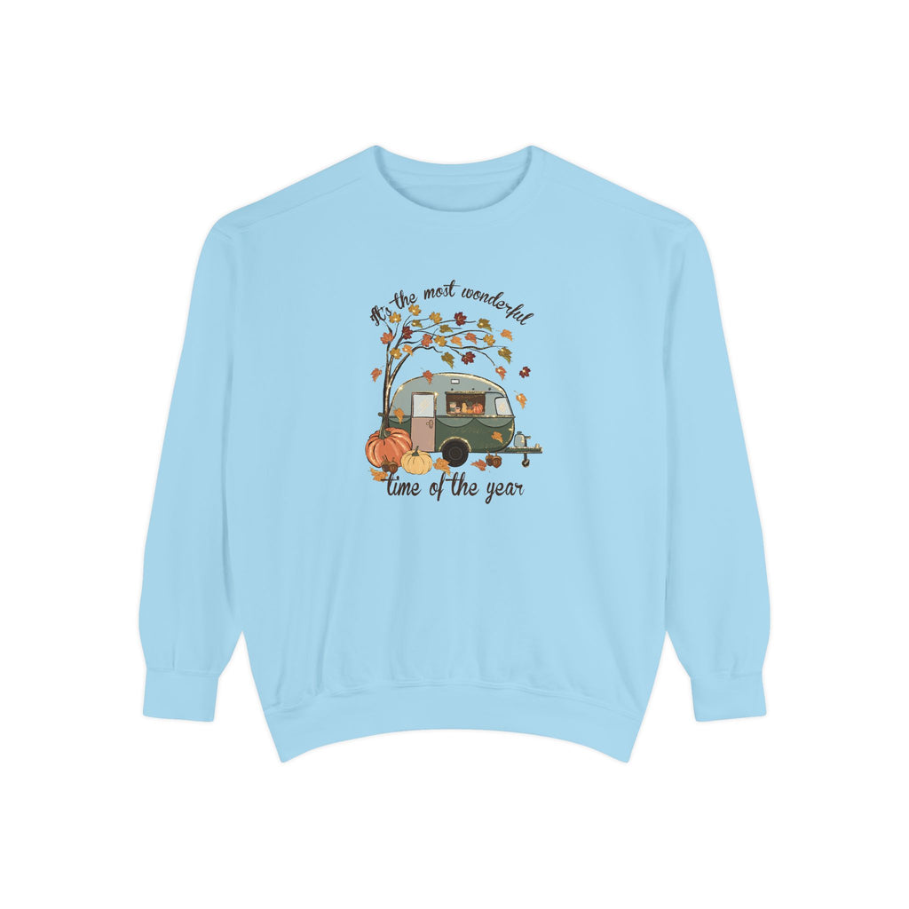 Fall Camper Crewneck with Autumn Cabin Illustration