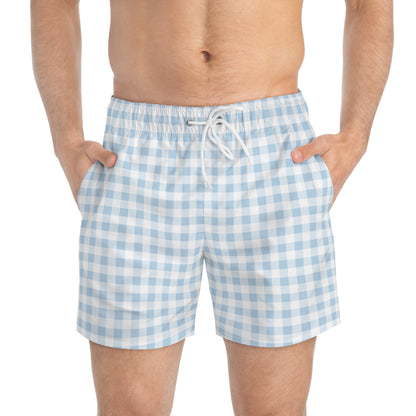 Light Blue Gingham Swim Trunks — Classic Checkered Beach Shorts