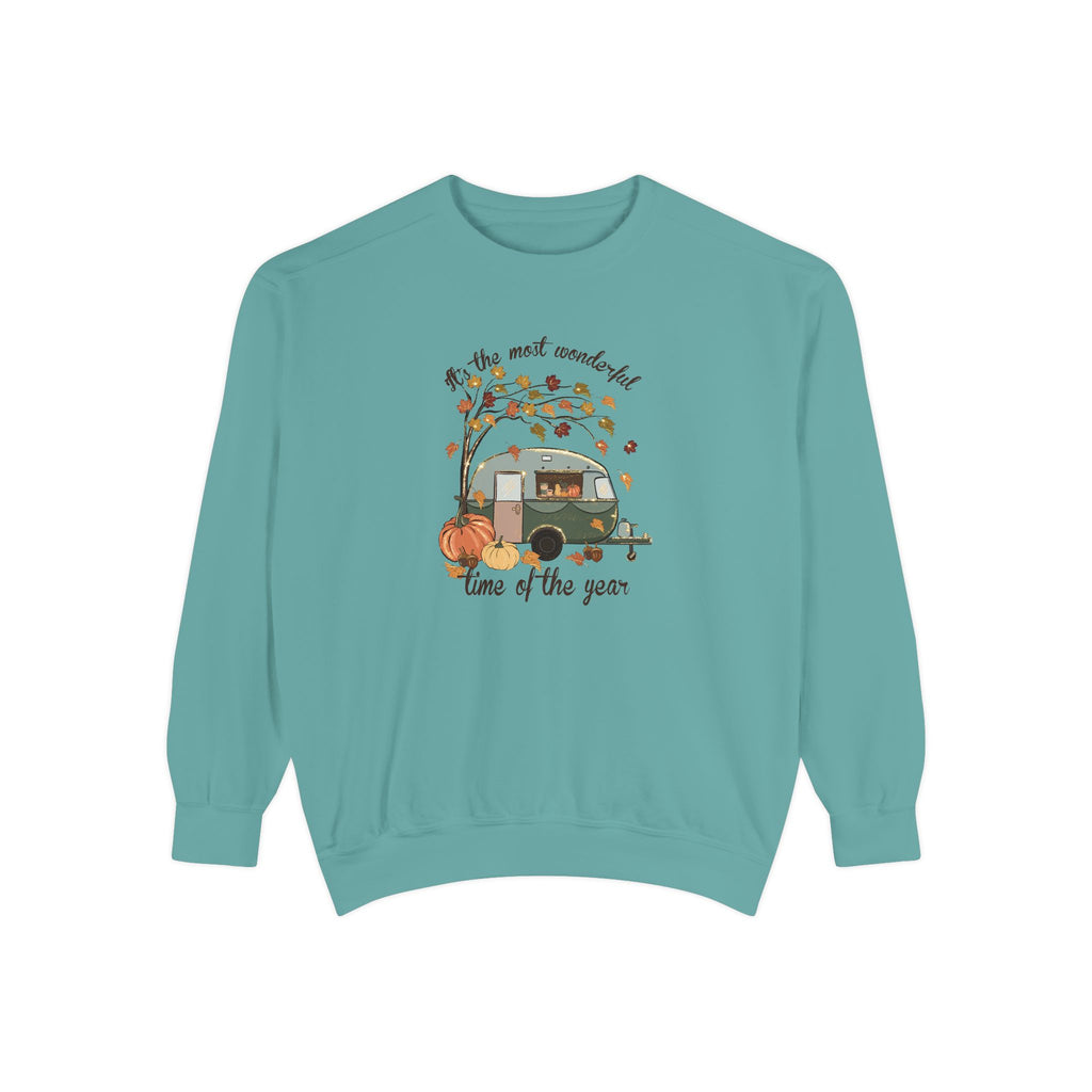 Fall Camper Crewneck with Autumn Cabin Illustration