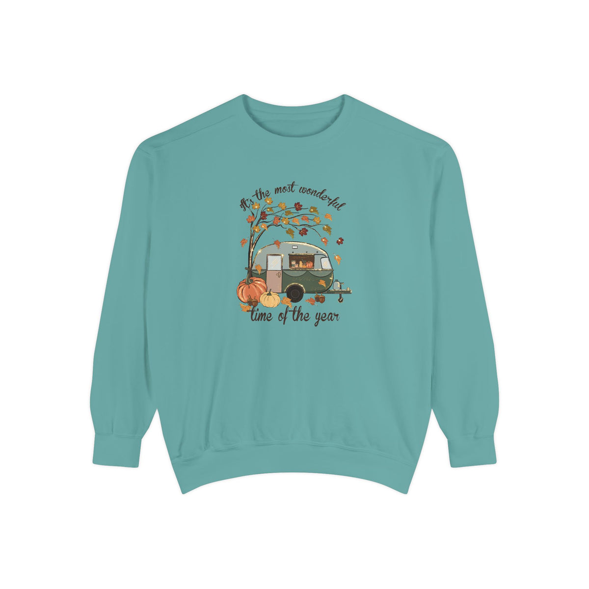 Fall Camper Crewneck with Autumn Cabin Illustration