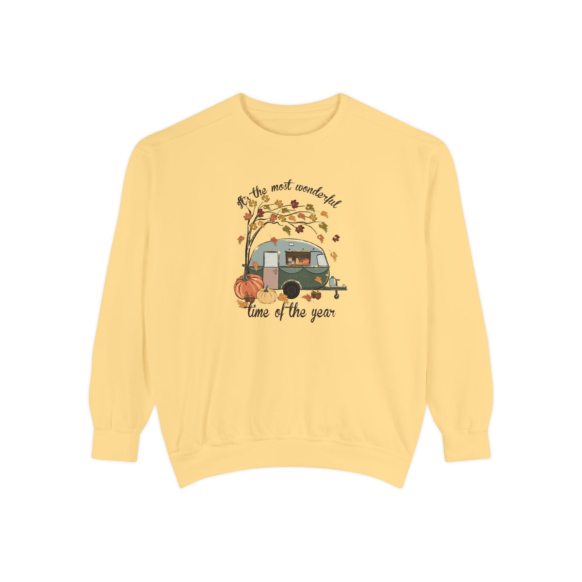 Fall Camper Crewneck with Autumn Cabin Illustration