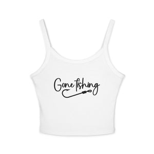 Gone Fishing Tank Top: Women's Spaghetti Strap Crop with Fishing Hook Graphic