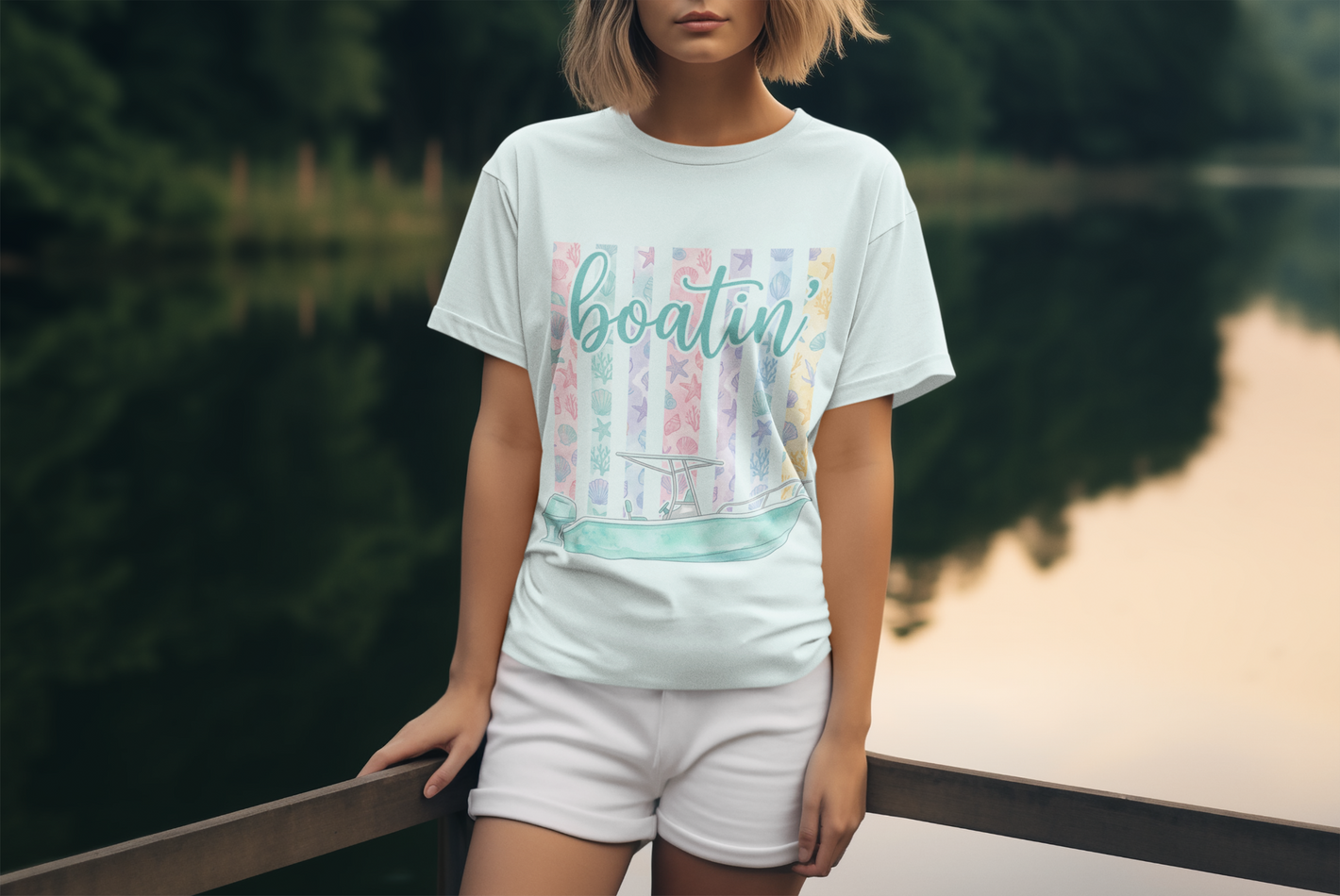 Boatin Boat Graphic Tee - Pastel Stripes Nautical T-Shirt for Boating Lovers