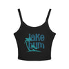 Lake Bum Tank Top – Women's Crop Spaghetti Strap, Palm & Cabin - Solid Black Blend