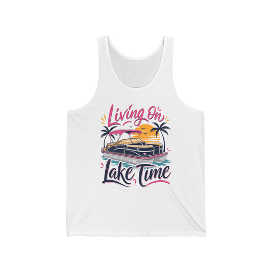 Retro "Living on Lake Time" Boat Graphic Tank