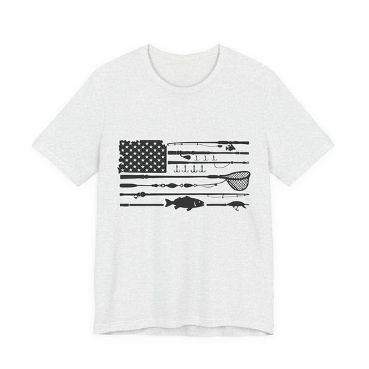Fishing Flag T‑Shirt — American Flag Made of Fishing Rods & Lures