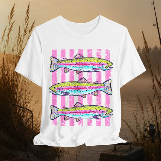 Rainbow Trout Graphic Tee — Colorful Fish Stripes T-Shirt