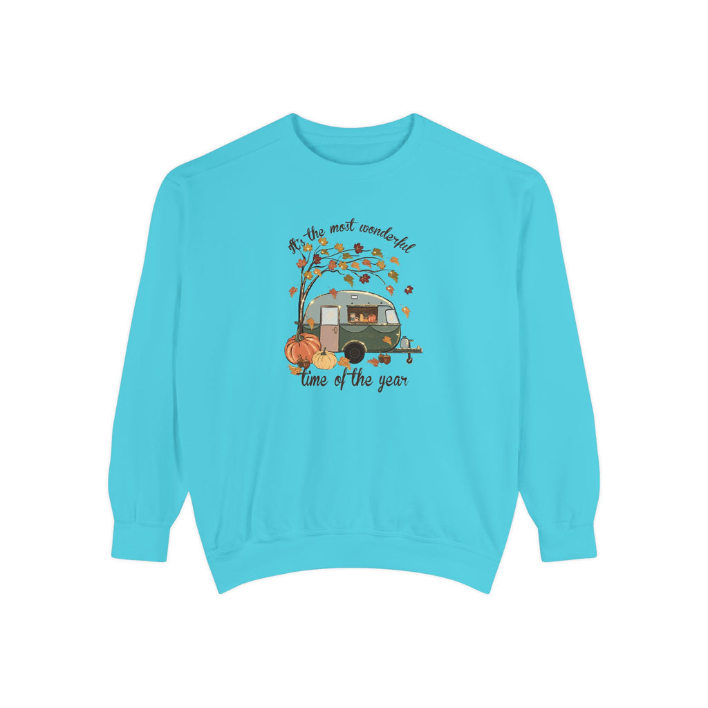 Fall Camper Crewneck with Autumn Cabin Illustration