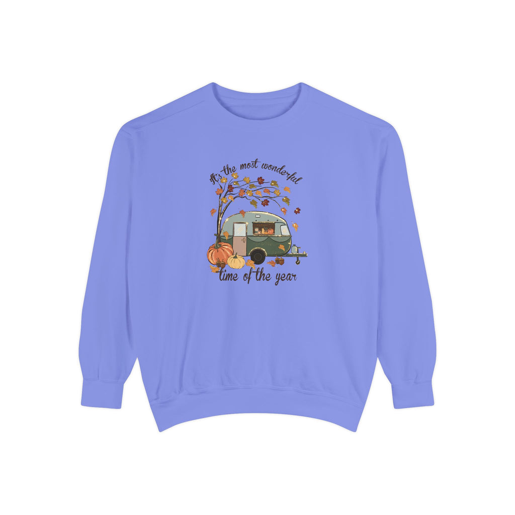 Fall Camper Crewneck with Autumn Cabin Illustration