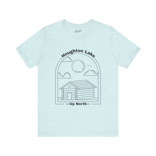 Cabin T-Shirt — Houghton Lake 'Up North' Minimal Line Art