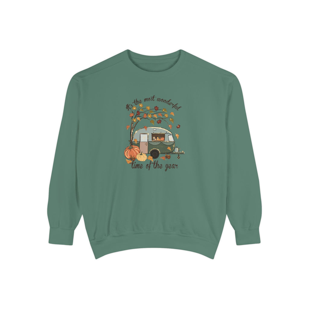Fall Camper Crewneck with Autumn Cabin Illustration