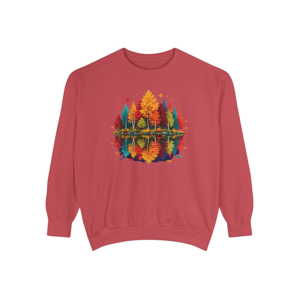 Autumn Lake Reflection Crewneck with Fall Tree Scene