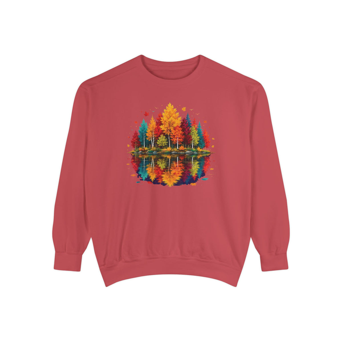 Autumn Lake Reflection Crewneck with Fall Tree Scene