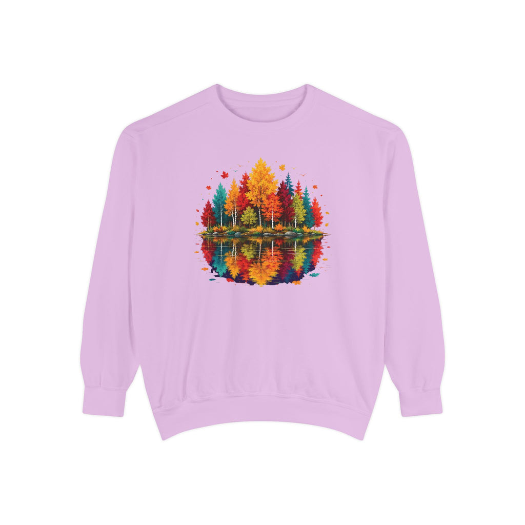 Autumn Lake Reflection Crewneck with Fall Tree Scene