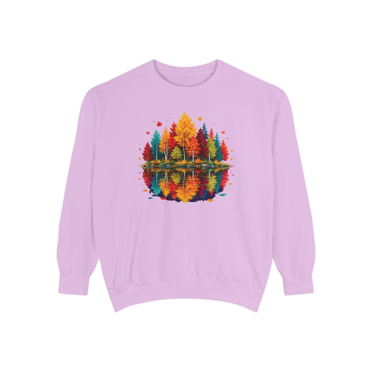 Autumn Lake Reflection Crewneck with Fall Tree Scene