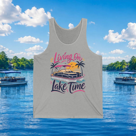 Living On Lake Time Tank Top — Retro Boat Lake Life Graphic Tank