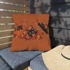 Autumn Black Cat Outdoor Pillow with Pumpkins and Falling Leaves