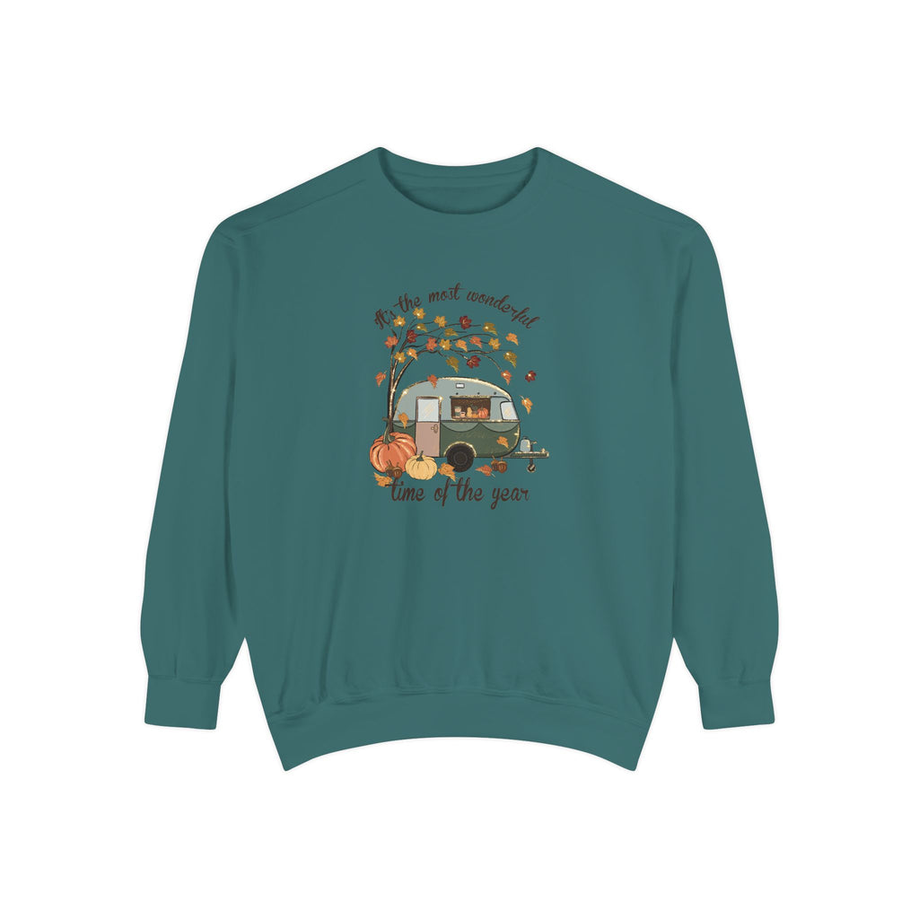 Fall Camper Crewneck with Autumn Cabin Illustration