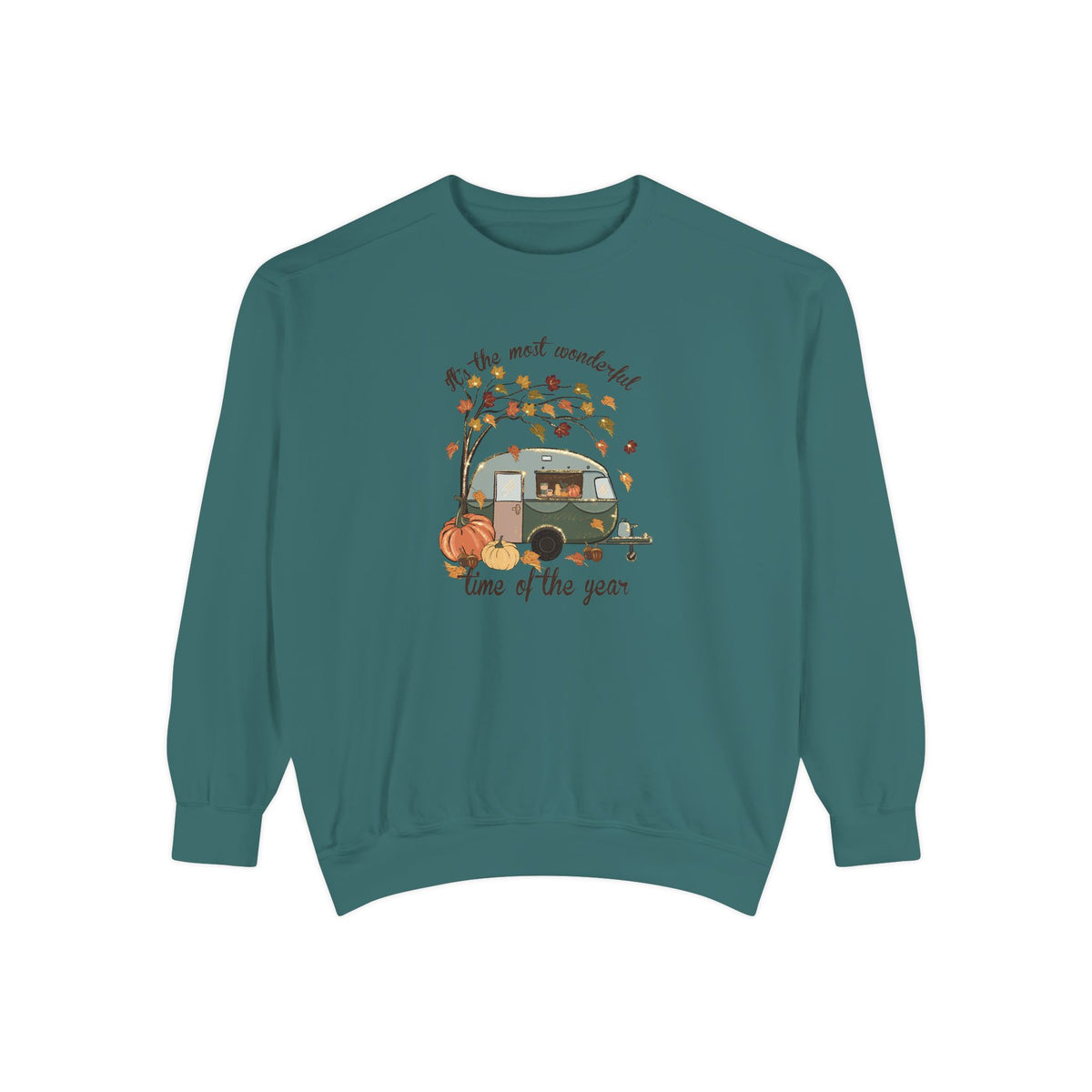 Fall Camper Crewneck with Autumn Cabin Illustration