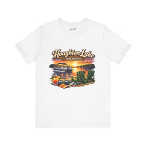 Houghton Lake Sunset Tee: Adirondack Chairs & Dock Graphic