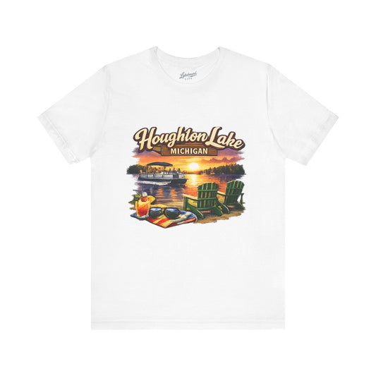 Houghton Lake Michigan Sunset Tee — Lakeside Adirondack Chairs & Dock Graphic T-Shirt