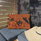 Autumn Black Cat Outdoor Pillow with Pumpkins and Falling Leaves