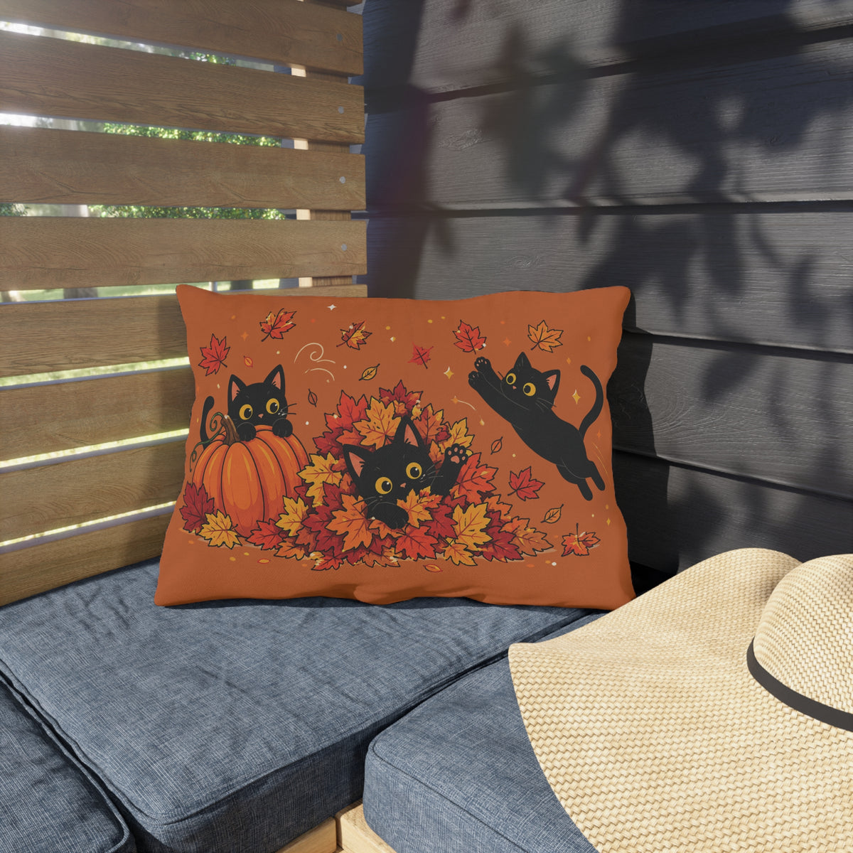 Autumn Black Cat Outdoor Pillow with Pumpkins and Falling Leaves