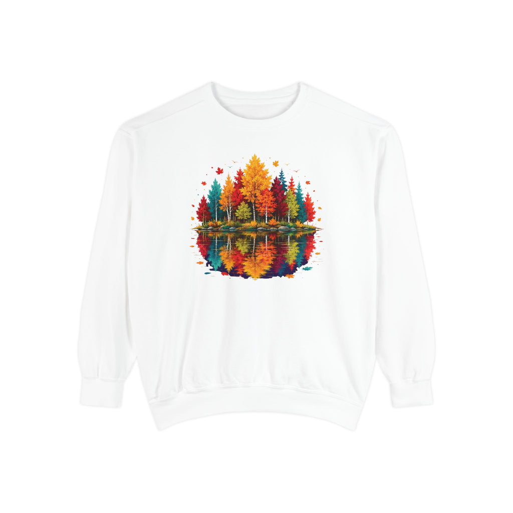 Autumn Lake Reflection Crewneck with Fall Tree Scene
