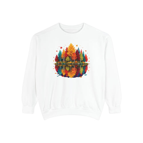 Autumn Lake Reflection Crewneck with Fall Tree Scene