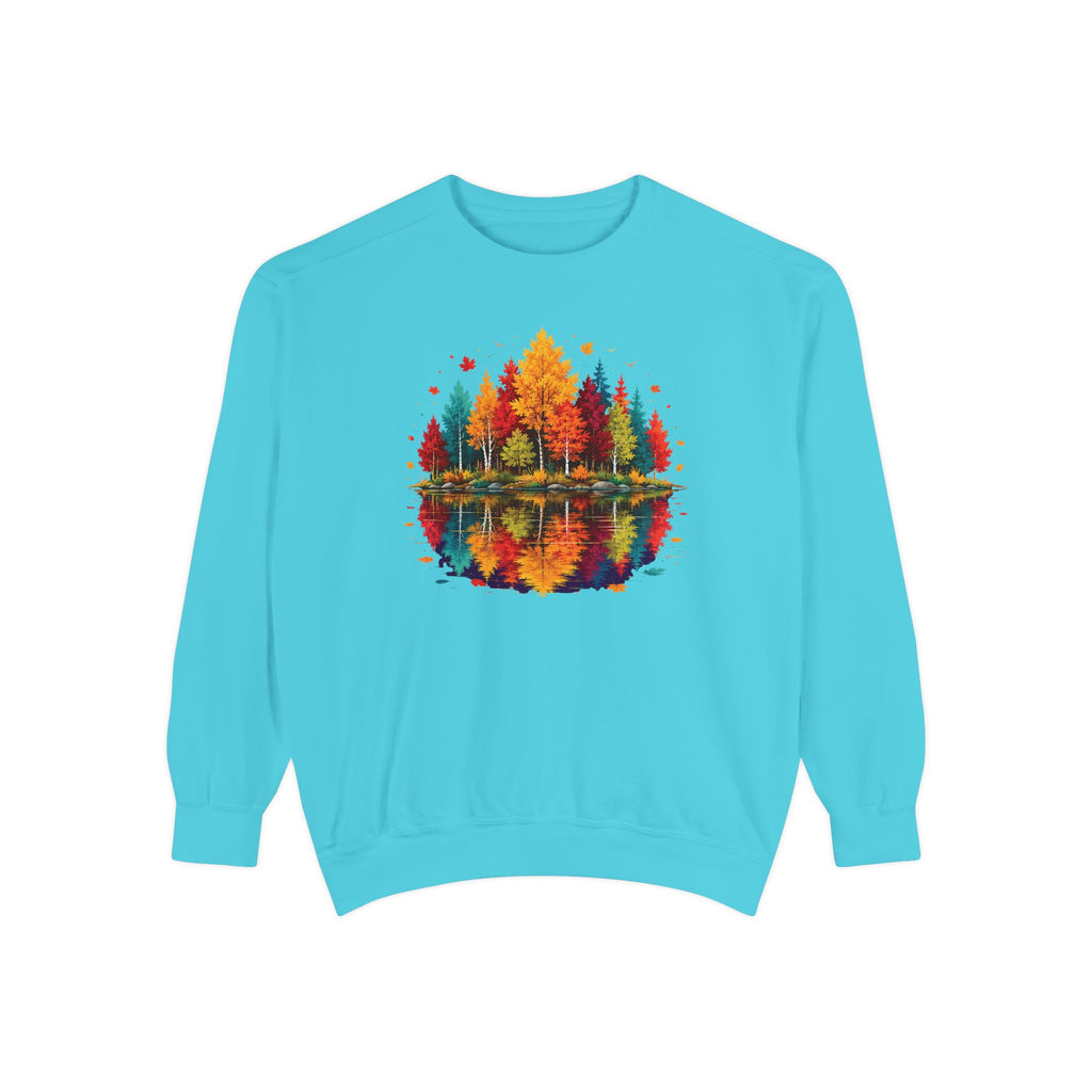 Autumn Lake Reflection Crewneck with Fall Tree Scene