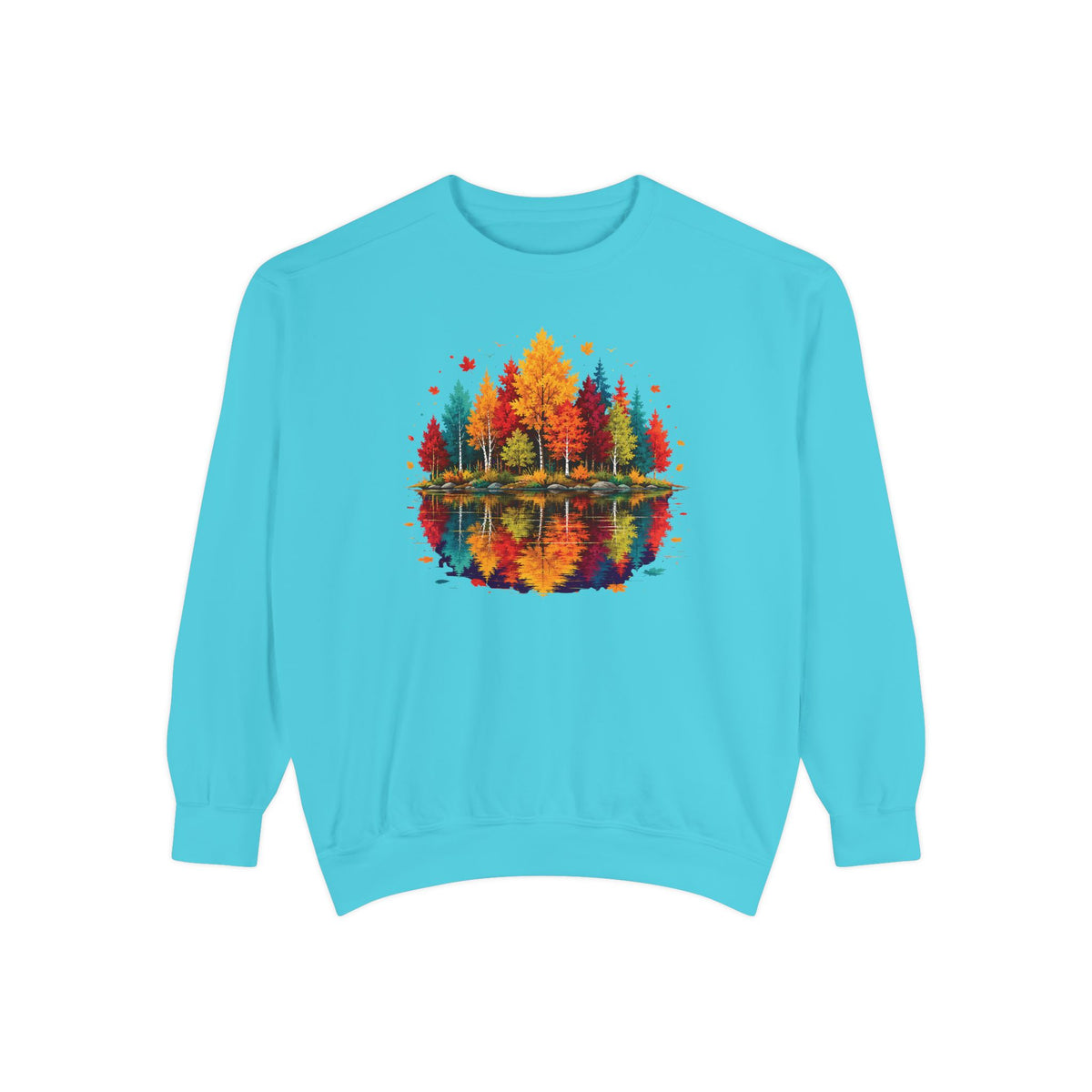 Autumn Lake Reflection Crewneck with Fall Tree Scene