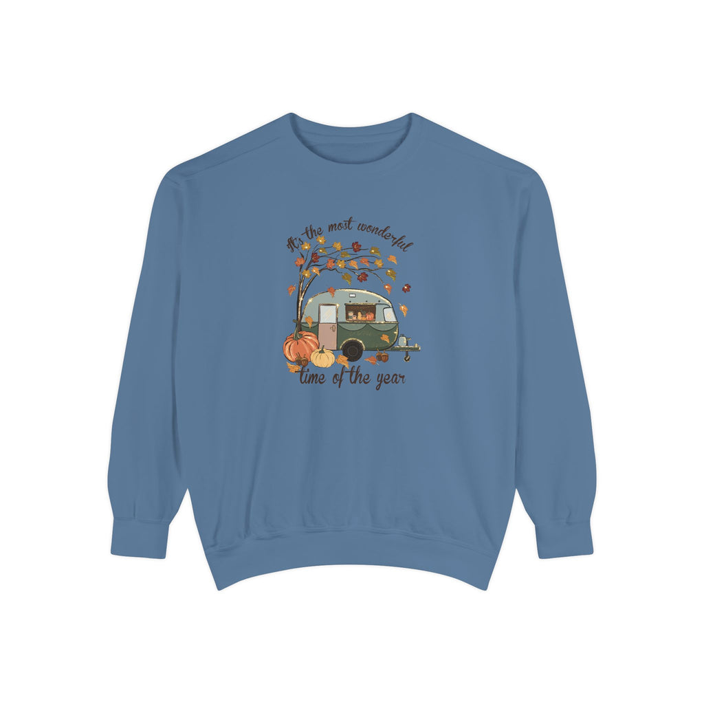 Fall Camper Crewneck with Autumn Cabin Illustration