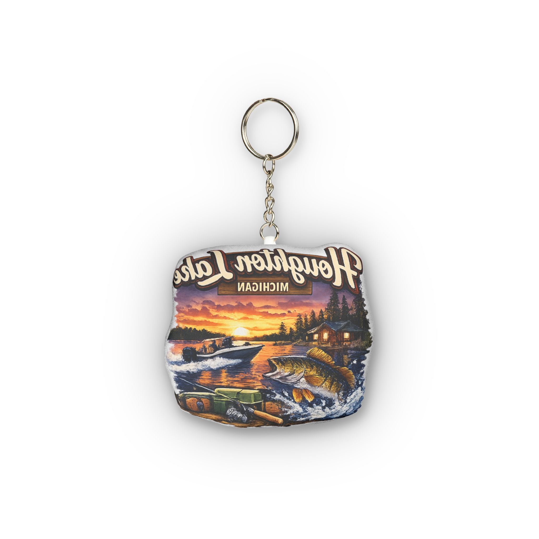 Houghton Lake Michigan Sunset Fishing Mini Plush Keychain