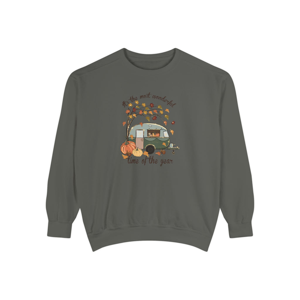 Fall Camper Crewneck with Autumn Cabin Illustration